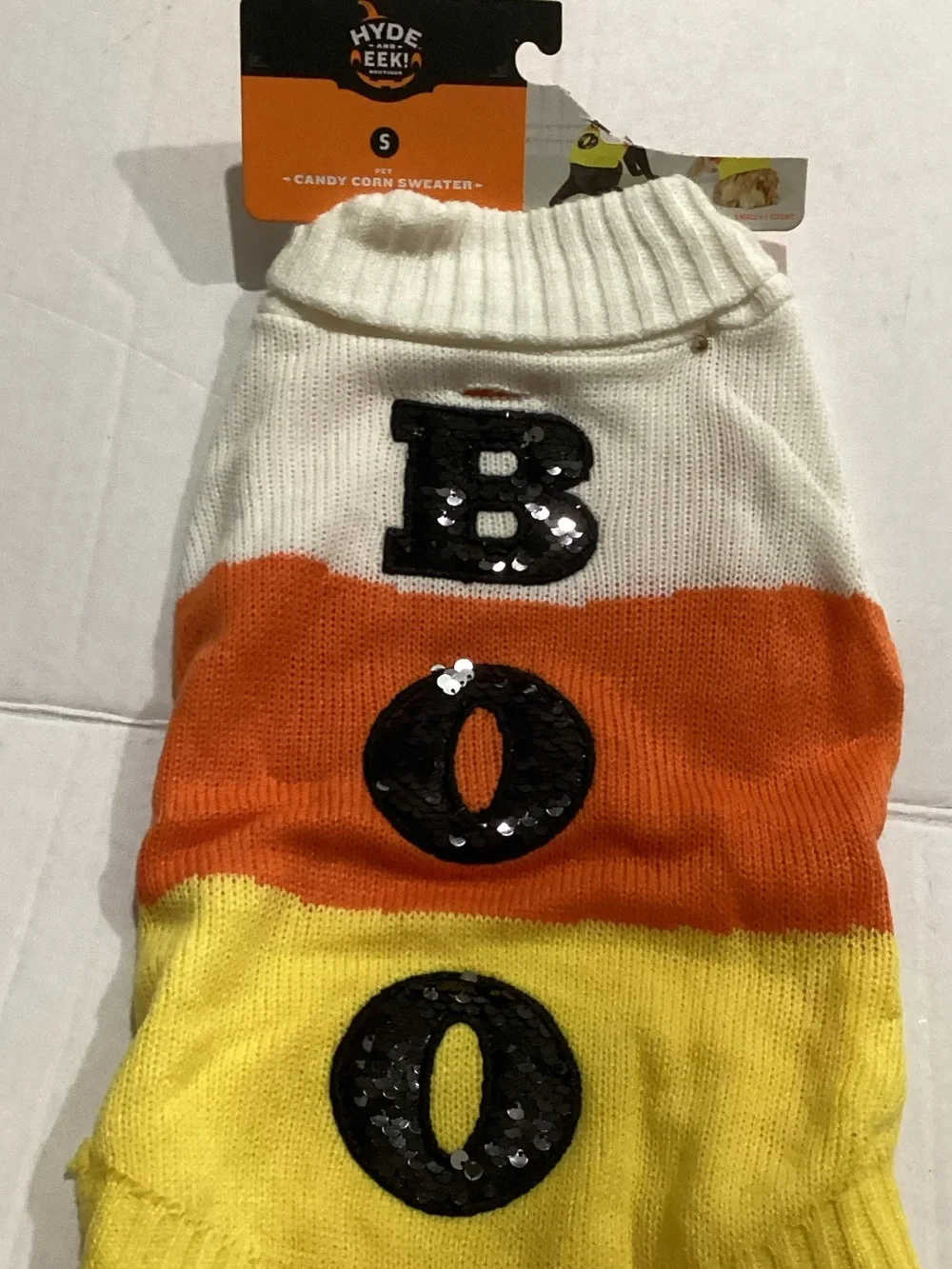 Hyde & EEK! Candy Corn 'BOO' Pet Sweater - White, Orange, Yellow